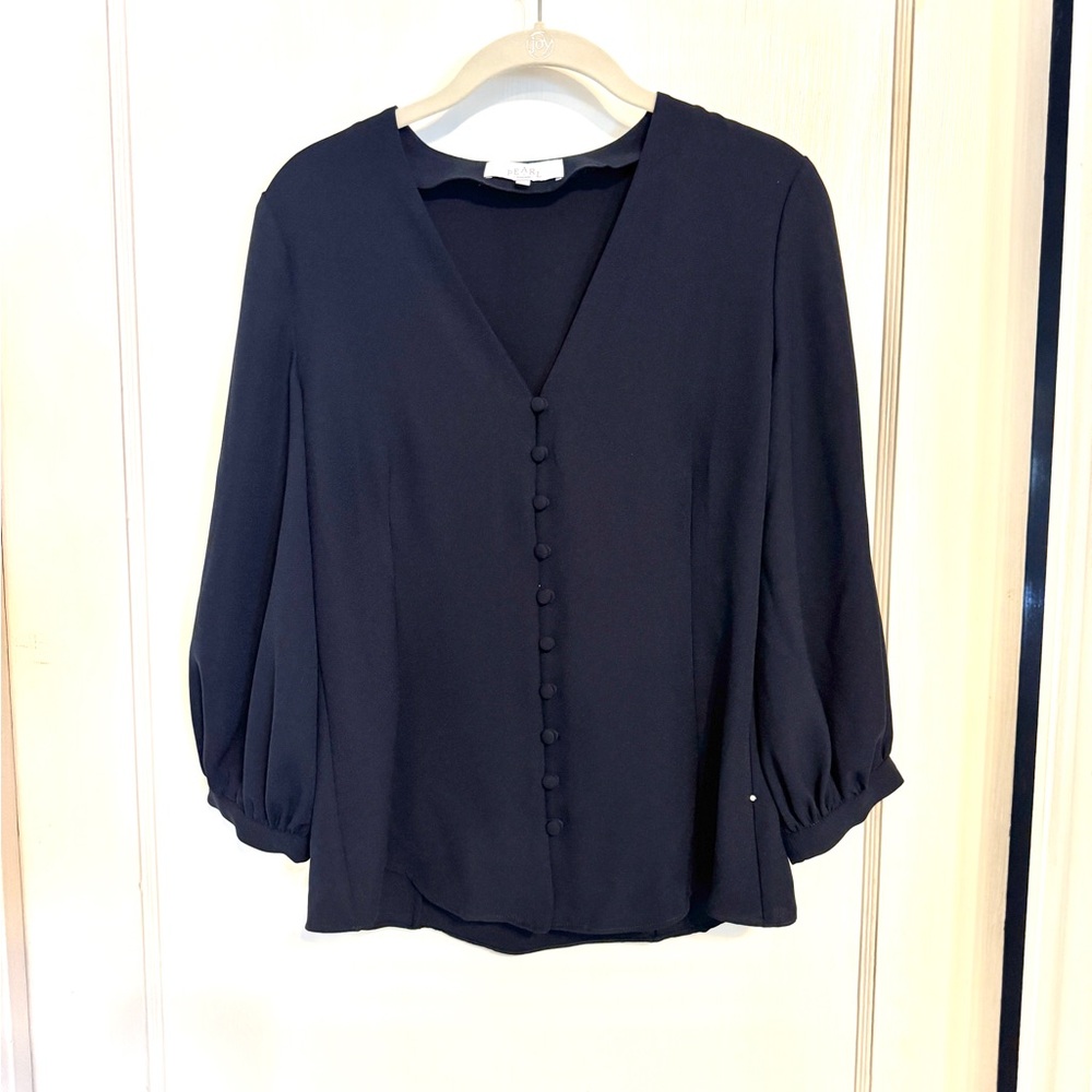Navy blue puff lantern sleeve Button-Down Blouse crepe